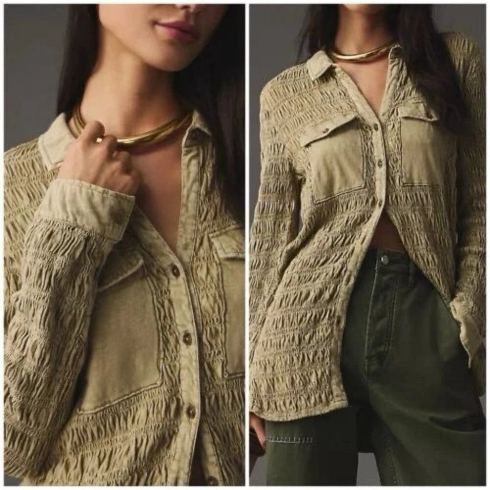 EUC Anthropologie Pilcro Smocked Shacket Button Up Top